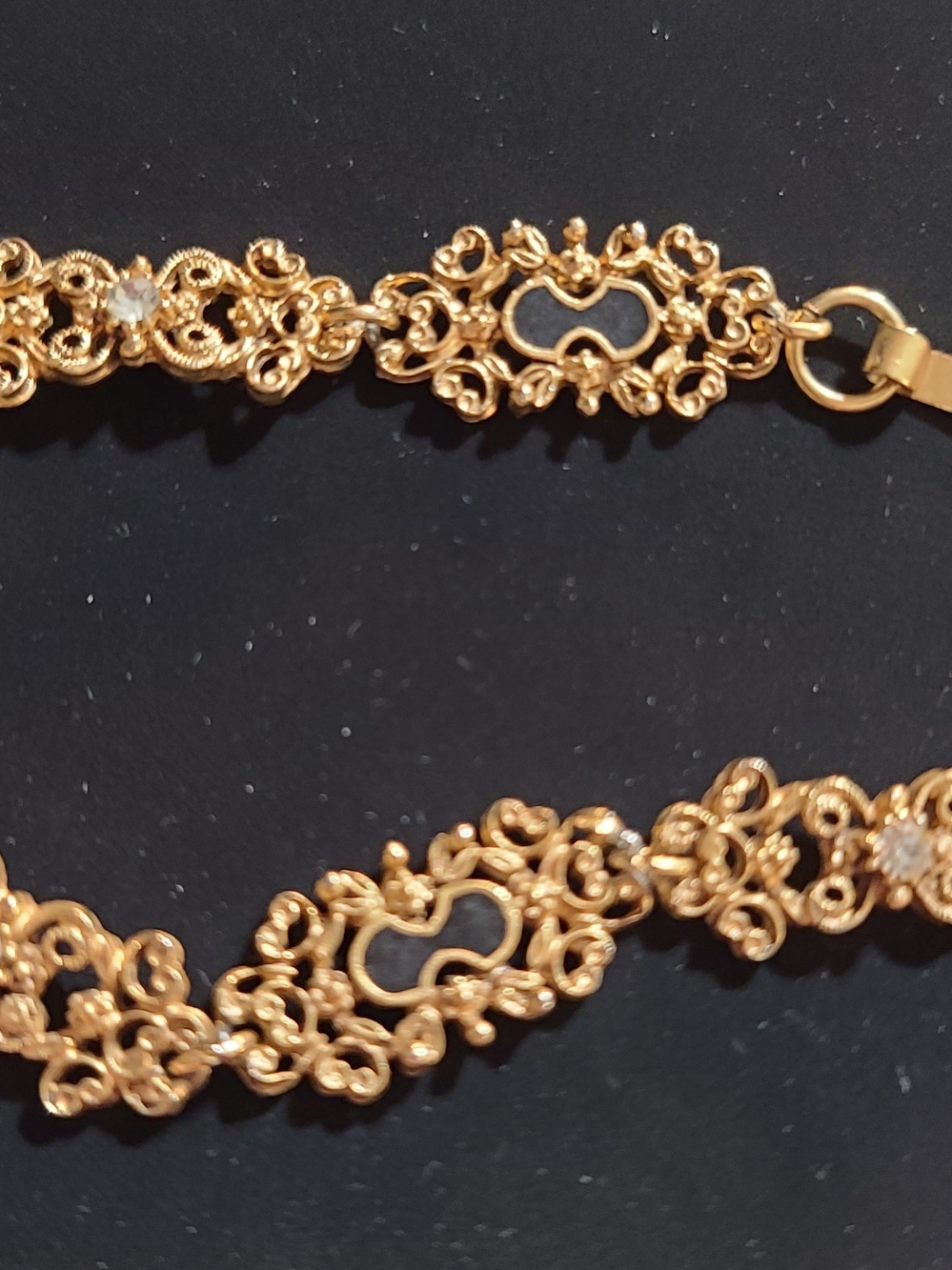 Delicate VTG Florenza Gold Filigree Bracelet black enamel and rhinestone
